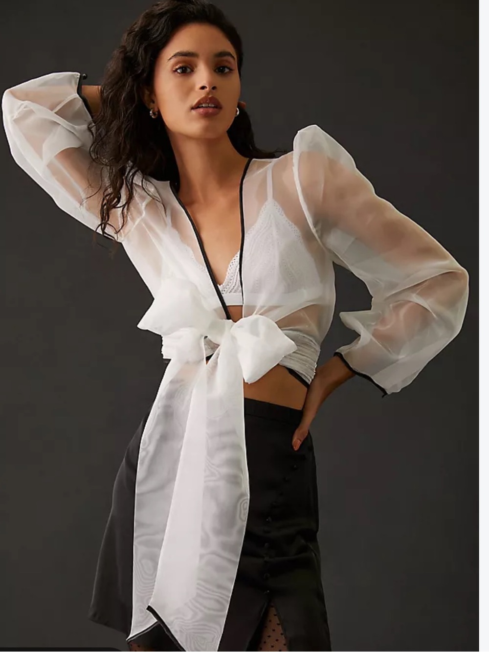 Anthropologie Sheer Bow-Front Organza Blouse in White with Black Trim